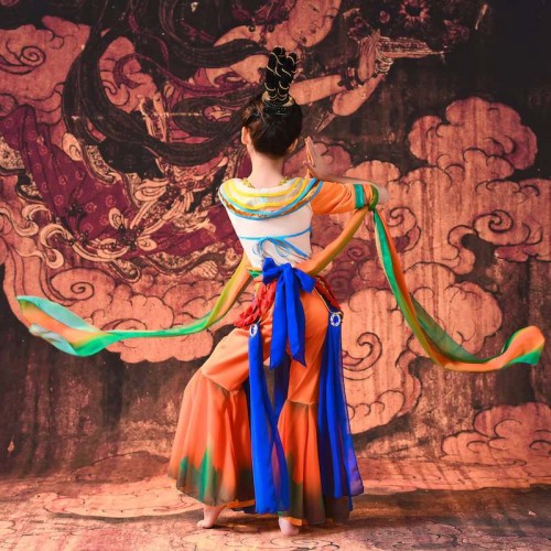 Children girls chinese folk Dunhuang flying dance costumes, girls oriental exotic performance fairy dress classical dance bouncing pipa performance clothes for kids